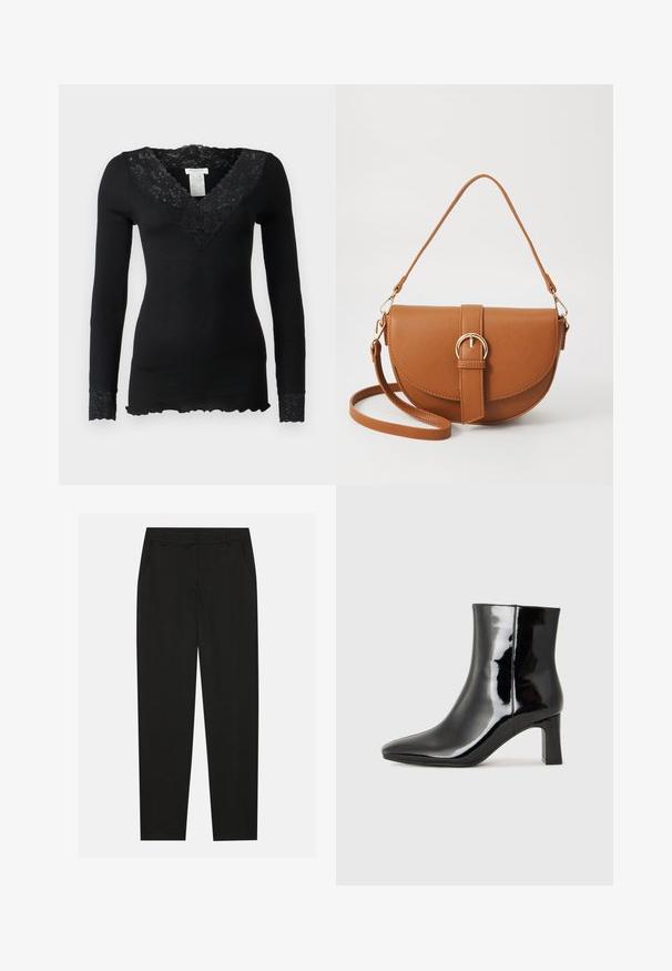 Čierne tričko s dlhým rukávom so rebrovanou textúrou, ozdobené kvetinovou čipkovou výstrihom a čipkovými akcentmi na manžetách. Detail so zúbkovaným lemom na spodnej časti.; Čierne nohavice s prispôsobeným dizajnom, so bočnými vreckami a rovnou nohavicou. Vyrobené z hladkej, ľahkej tkaniny s elegantným vzhľadom.; Čierne lakované členkové topánky s špicatou špičkou a stredne vysokým blokovým podpätkom. Hladká textúra a minimalistický dizajn.; Hnedá kožená kabelka cez telo s zakriveným tvarom, zlatými kovovými doplnkami a akcentom s prackou. Obsahuje odnímateľný ramenný popruh.