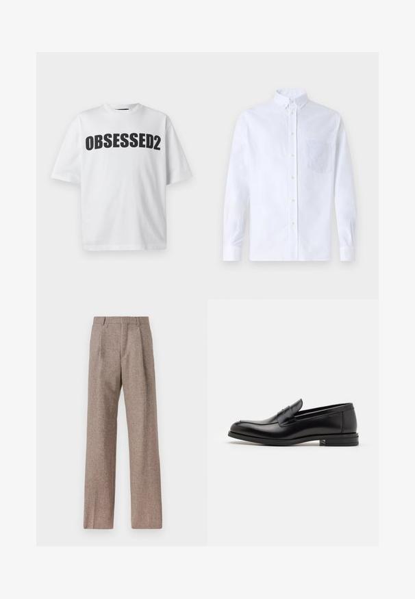 Valkoinen puuvillapaita, jossa on rohkea musta, kaareva "OBSESSED2" -grafiikka edessä. Lyhyet hihat ja rento istuvuus.; Valkoinen pitkähihaista napillista paitaa, joka on valmistettu puuvillasta. Paita sisältää rinnan kohdalla taskun, jossa on samaa sävyä oleva brodeeraus, kauluksen sekä napilliset hihansuut.; Ruskejat, korkeavyötäröiset housut, jotka on valmistettu teksturoidusta kankaasta. Ominaisuuksina ovat leveät lahkeet ja kaksi etupuolelle ommeltua laskosta rakenteen tukemiseksi. Siisti viimeistely ilman näkyvää metalliosaa.; Mustat nahkakengät, joissa on sileä pinta, pyöreä kärki ja koristeellinen nauha jalkapöydän yli. Matala pinoitu koroke, minimalistinen muotoilu.