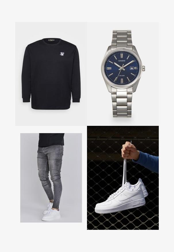 Sort langærmet t-shirt lavet af bomuld, med et hvidt broderet logo på brystet, ribbet halsudskæring og manchetter.; Slank jeans i falmet grå denim med slidte detaljer ved knæene, parret med hvide sneakers. Glat tekstur, slim fit design.; Hvide lædersneakers med perforeringer, rund tå, flad sål og tykke snørebånd, med et synligt swoosh-logo og "AIR" på hælen.; Sølv rustfrit stål urrem med en marineblå urskive, metallic timemarkører og et datovindue kl. 3. Vandafvisende op til 50 meter.