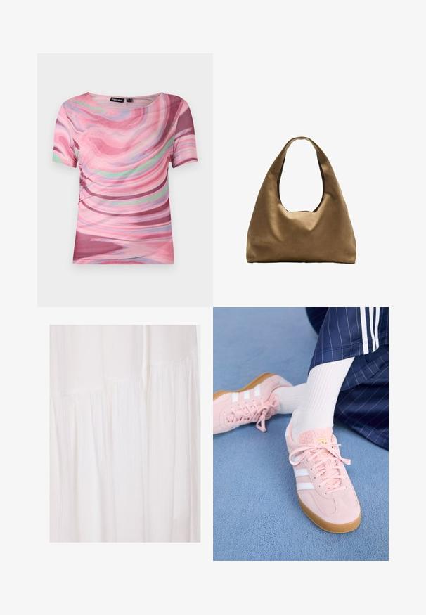 Kortärmad T-shirt med ett mönster av rosa och lila virvlar, tillverkad av lätt tyg med rund halsringning och en stretchig passform.; Vit klänning av tyg med en texturerad yta som har mjuka veck och ostrukturerade designelement, vilket skapar en svävande silhuett.; Ljusrosa mockaskor med vita ränder och snören, med en strukturerad tunga och en gummisula, placerade på en blå matta.; Brun tygaxelväska med en bred, rundad kropp och ett stort utskärningshandtag. Mjukt material, minimalistisk design och ingen synlig hårdvara.