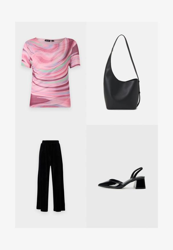 Trumpas rankovėmis marškinėliai su rožine ir purpurine sukimosi raštu, pagaminti iš lengvos medžiagos, su apvaliu kaklu ir tampriomis siūlėmis.; Juoda plataus kirpimo kelnių pora, pagaminta iš minkštos velveto medžiagos, su elastingu juosmeniu ir glotnia tekstūra, be matomų detalių ar raštų.; Juodos lakuotos odinės šlepetės su smailiu pirštu ir geometriniu bloko kulnu. Turi elegantišką, minimalistinį dizainą ir lygų paviršių.; Juodas odinis hobo maišas su lygiu paviršiumi, kreipta forma ir viena reguliuojama rankena; turi platų atidarymą viršuje.