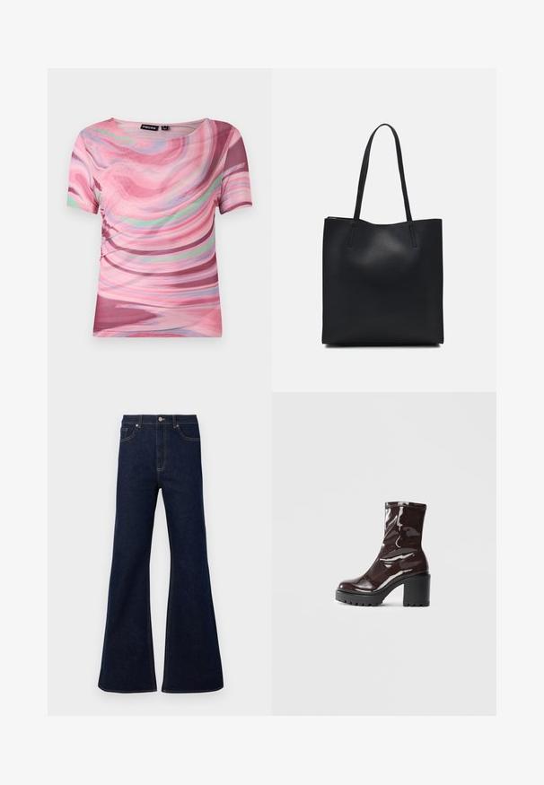 Kratkām piedurknēm T-krekls ar rozā un purpura krāsas viļņu rakstu, izgatavots no viegla auduma ar apaļu kakla izgriezumu un elastīgu piegriezumu.; Tumši zili izplūduši džinsi ar augstu vidukli, priekšējām kabatām un zelta izšuvuma akcentiem. Gluda tekstūra ar tradicionālu griezumu.; Spīdīgas bordo potīšu botītes ar masīlu melnu papēdi, kurām ir gluda tekstūra un vienkāršs dizains. Nav redzamu aizdari vai rakstu.; Melnas ādas somiņa ar gludu tekstūru, taisnstūra formu un divām garām rokturiem. Nav redzamu aparatūras vai rotājumu.