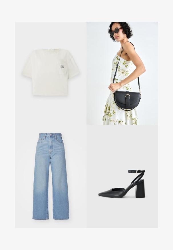 Kuttet kortermet t-skjorte i off-white bomull. Har en frontlomme med trykt logo og en rund halslinning. Glatt tekstur.; Lys blå høytlivs vide jeans med knapp- og glidelås lukking foran, foran og bak lommer, på en hvit bakgrunn.; Svart lær pumps med spiss tå, ankelrem og kraftig hæl. Flat tekstur, strømlinjeformet design og minimalisme.; Svart lærveske med en buet form, avtagbar stropp og gullbeslag. Vesken har et klaff med spenne-detall.