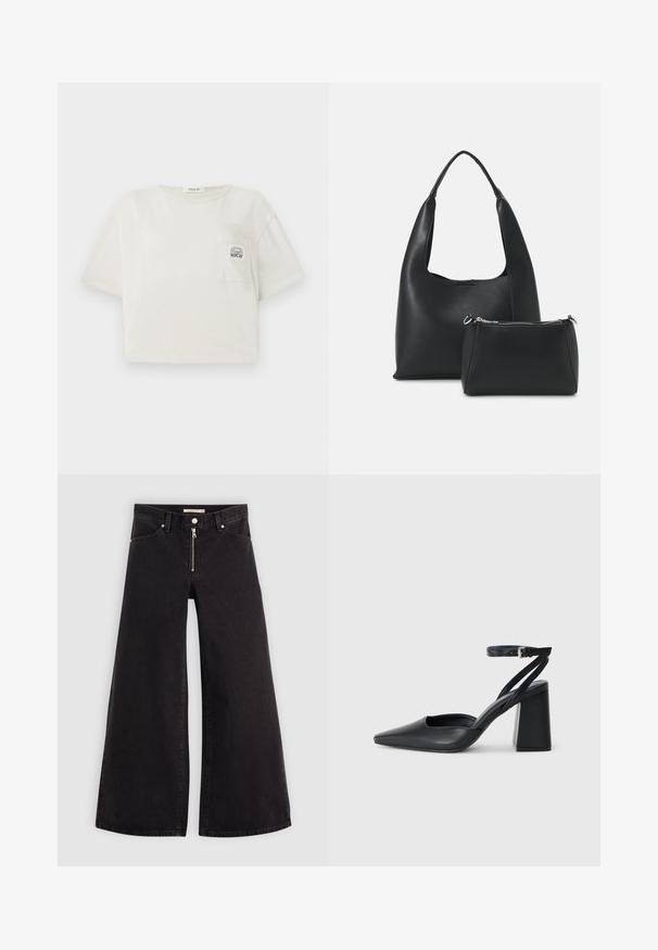 Lyhythihainen, cropped t-paita off-white puuvillasta. Sisältää etutaskun, jossa on painettu logo, sekä pyöreän kaula-aukon. Suora rakenne.; Mustat leveälahkeiset farkut, joissa on vetoketjufrunti, viisi-taskuinen muotoilu ja hienovaraiset ompelusyyt. Sileä pinta ja rento tyyli.; Mustat nahkakengät, joissa on kapea kärki, nilkkaremmi ja paksu korko. Tasainen pinta, tyylikäs muotoilu ja minimalistinen estetiikka.; Even&Odd Käsilaukku - black