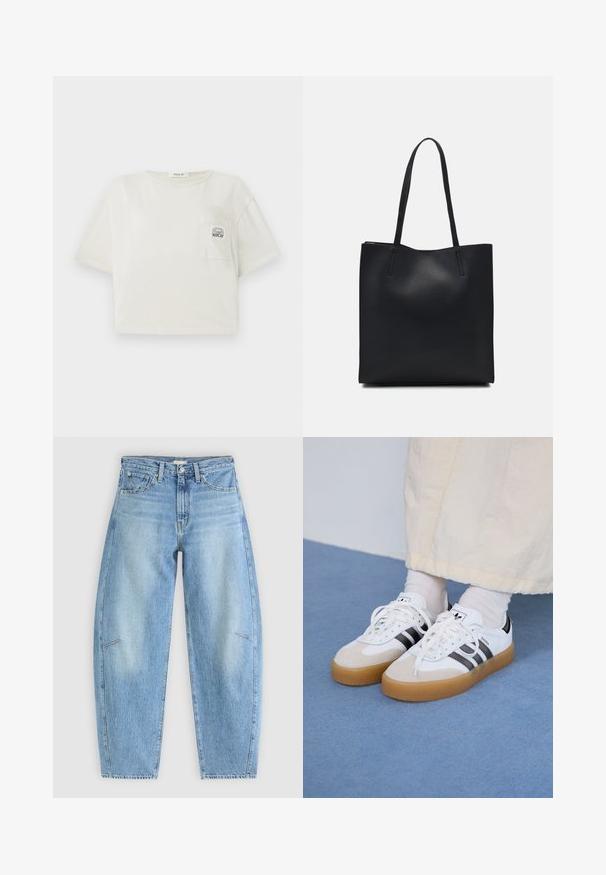 Rövid ujjú, levágott, természetes színű pamut póló. Elöl zsebe van, nyomtatott logóval, és kerek nyakkivágása van. Simás textúra.; Világoskék farmernadrág, laza szabású, magas derékkal, egyenes szárakkal, és diszkrét varrási részletekkel az elülső zsebeknél.; Fehér sportcipő fekete csíkokkal és bézs velúr részletekkel. Texturált gumi talppal és lapos fehér fűzőkkel rendelkezik, világos színű zoknival viselve.; Fekete bőrtáska sima felszínnel, téglalap alakú, két hosszú füllel. Nincs látható fémkiegészítő vagy díszítés.