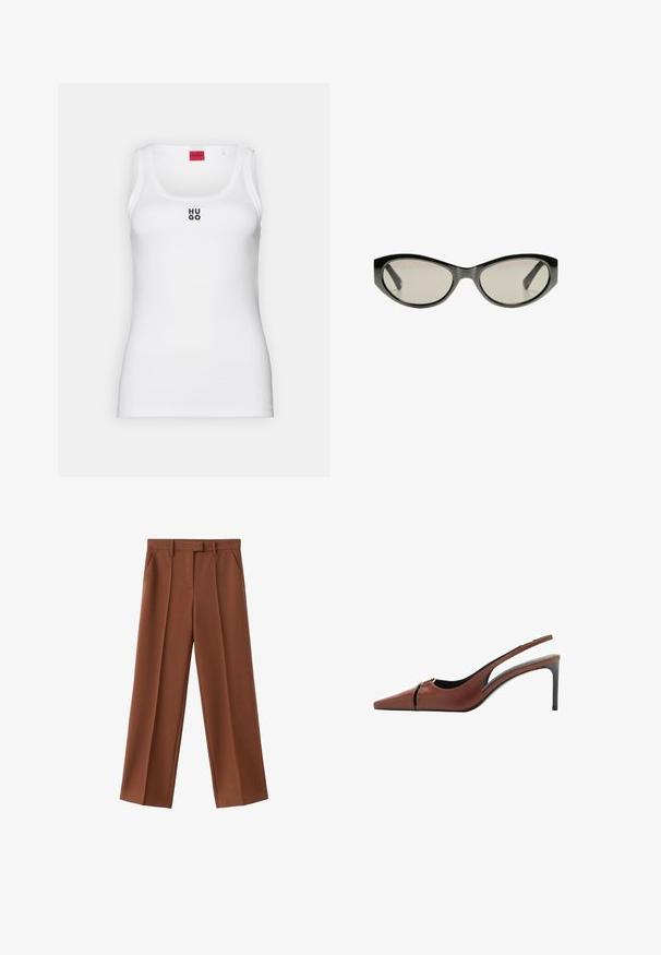 Canottiera bianca in cotone, presenta un design semplice con scollatura rotonda e logo nero "HUGO" al centro. Texture liscia.; Pantaloni beige a gamba larga con pieghe frontali, realizzati in tessuto testurizzato, dotati di tasche laterali e una vita con passanti per cintura.; Scarpa con tacco slingback in pelle marrone con punta appuntita, dettaglio a taglio sulla tomaia e un elegante tacco a stiletto. Texture liscia.; Occhiali da sole neri a forma di occhio di gatto con lenti grigie. La montatura in plastica presenta bordi affilati e una finitura liscia e lucida.