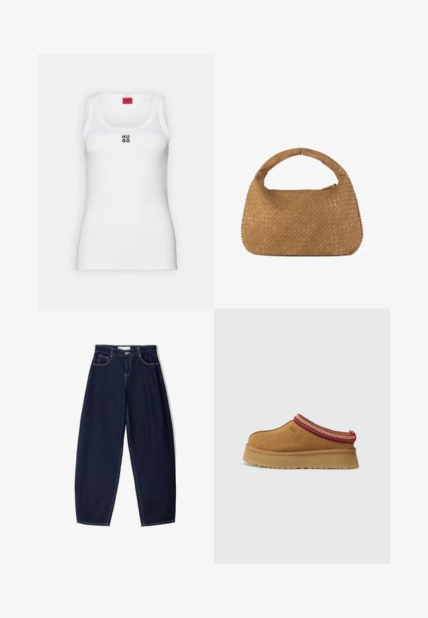Débardeur blanc en coton, avec un design simple, un col rond et un logo "HUGO" noir au centre. Texture lisse.; Pantalon en denim bleu foncé avec une coupe ample, comportant cinq poches, des coutures contrastées et une fermeture éclair à l'avant.; Chaussure slip-on en daim marron avec un bord en rouge et crème à motifs, semelle texturée et logo UGG sur le côté. Présente une légère hauteur de plateforme.; Sac à main tissé couleur beige avec une poignée arrondie, fabriqué en cuir doux. Il comporte une fermeture éclair et un motif tressé complexe.