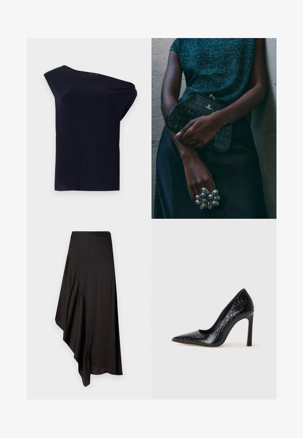 Asymetrický černý top z hladkého materiálu s mírným splýváním. Disponuje jednopramenným designem a minimálním zdobením.; AERON ASTER SKIRT - Pouzdrová sukně - black; Černý lodičkový bot s špičatou špičkou, pokrytý texturou krokodýlí kůže, s elegantním designem, vysokým stiletto podpatkem a hladkým černým interiérem.; Černá kabelka ve tvaru psaníčka s krokodýlím vzorem a stříbrným kováním, držena proti texturovanému šedému pozadí. Vyznačuje se lesklým povrchem.