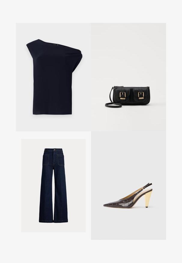 Top nero asimmetrico realizzato in tessuto morbido con un leggero drappeggio. Presenta un design a spalla singola e dettagli minimi.; Jeans a gamba larga in denim blu scuro, con vita alta, due tasche frontali e due tasche posteriori con chiusura a bottone.; Tacco slingback a punta in ecopelle lucida effetto coccodrillo marrone scuro. Caratterizzato da un tacco geometrico in tonalità oro e da una cinghia alla caviglia regolabile.; Borsa a tracolla nera in pelle con due tasche frontali, fibbie dorate, chiusura con zip e una tracolla sottile. Superficie texturizzata e forma rettangolare compatta.