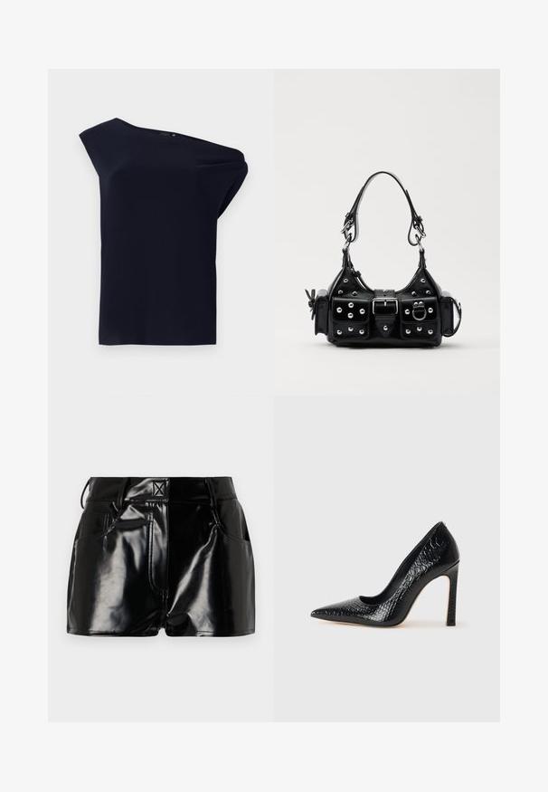 Asymmetric black top made of smooth fabric with a slight drape. Features a single shoulder design and minimal detailing.; Black, glossy shorts made of synthetic material. Features a fitted waist, belt loops, and front pockets with prominent stitching details.; Black pointed-toe high heel shoe with a crocodile-skin texture, featuring a sleek design, high stiletto heel, and smooth black interior.; Black leather handbag with a curved design, featuring silver studs, a buckle, and two side pockets. Adjustable strap for carrying options.