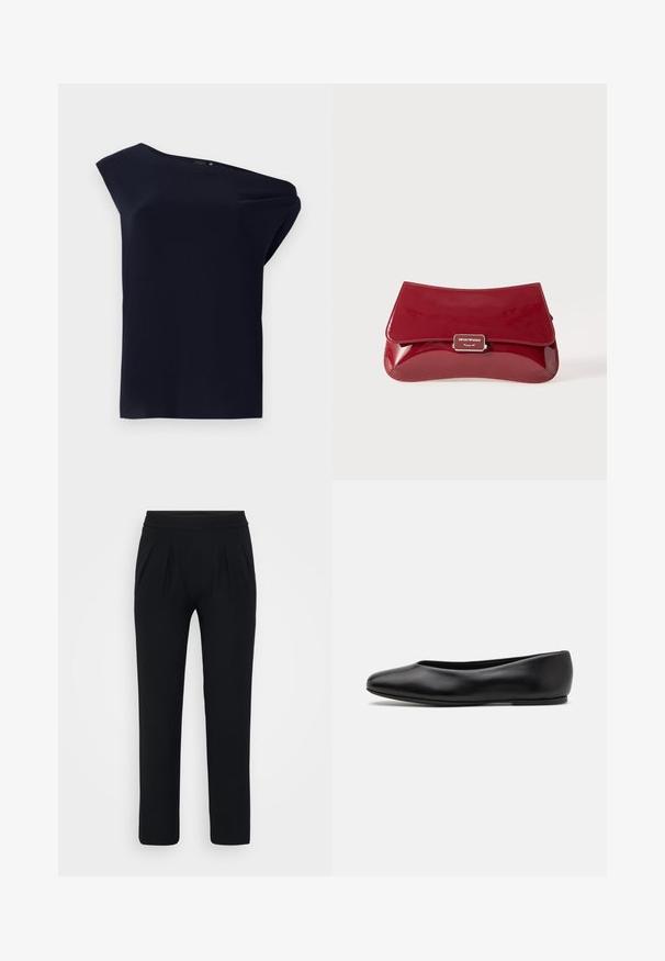 Asymmetrisch zwart topje gemaakt van zachte stof met een lichte drape. Heeft een enkel schouderontwerp en minimale details.; Zwarte, wijde broek van gladde stof. Heeft een elastische tailleband en twee voorplooien. Geen zichtbare patronen of hardware.; Paul Smith TOPANGA - Ballerina's - black; Rode gepatineerde leren clutch met een gebogen ontwerp, opklapbare klep en een metalen logo accent op een zilveren plaat. Gladde, glanzende textuur.