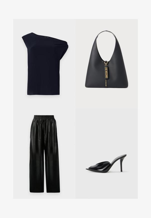 Asymmetrisches schwarzes Top aus glattem Stoff mit leichtem Fall. Verfügt über einseitiges Schulterdesign und minimale Details.; Schwarze Leder-Hosen mit weitem Bein und elastischem Bund, ausgestattet mit zwei Seiten Taschen und einer glatten, glänzenden Oberfläche.; Schwarze Leder-High-Heels mit offener Zehenpartie, spitzem Design, glatter Textur und schmalem Stiletto-Absatz.; Schwarze Leder-Schultertasche mit einem breiten Riemen, goldenen Beschlägen und zwei Anhängern, die mit "LOVE MOSCHINO" in goldenen Buchstaben geprägt sind.