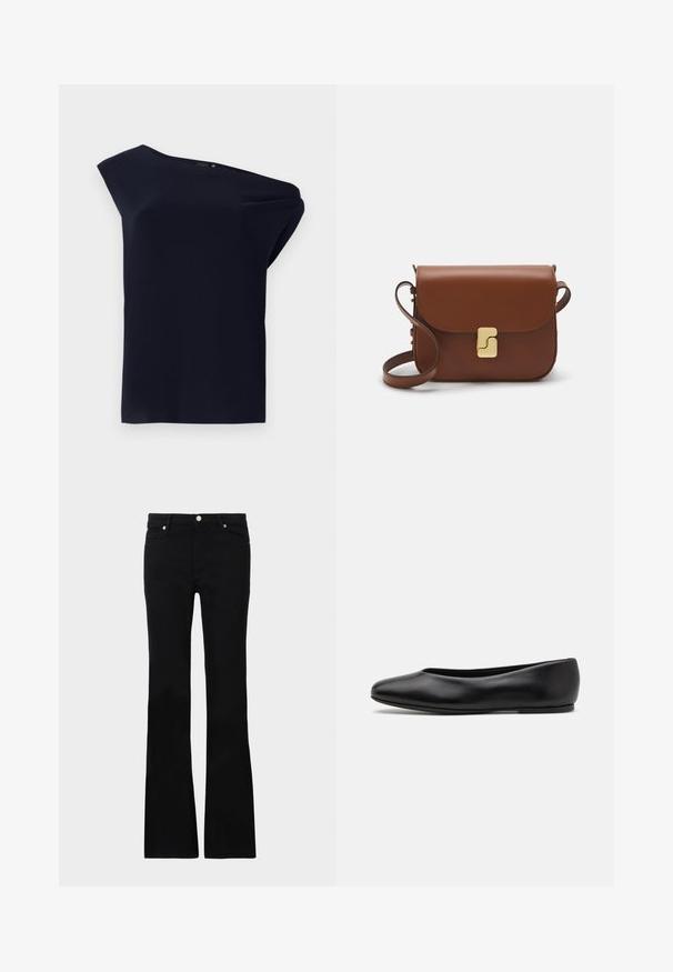 Asimetrična crna majica izrađena od glatkog materijala s laganim drapiranjem. Ima dizajn s jednim ramenom i minimalne detalje.; Crne široke traperice izrađene od denima, s dva prednja džepa, kopčanjem na dugme i glatkom teksturom. Potpisna šavova vidljiva na šavovima.; Paul Smith TOPANGA - Balerinke - black; Smeđa kožna torba s preklopom, zlatnim detaljima, remenom za nošenje preko ramena i glatkom teksturom. Kompaktni pravokutni oblik.