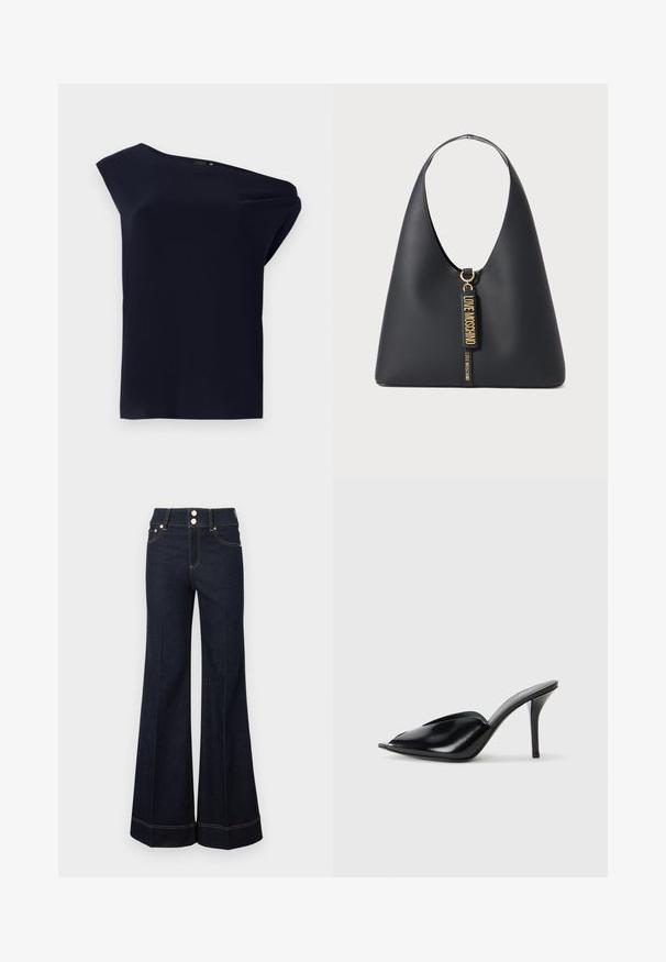 Asymmetrisches schwarzes Top aus glattem Stoff mit leichtem Fall. Verfügt über einseitiges Schulterdesign und minimale Details.; Dunkelblaue High-Waist weite Jeans mit Fronttaschen, zwei sichtbaren Knöpfen und gelben Nähten.; Schwarze Leder-High-Heels mit offener Zehenpartie, spitzem Design, glatter Textur und schmalem Stiletto-Absatz.; Schwarze Leder-Schultertasche mit einem breiten Riemen, goldenen Beschlägen und zwei Anhängern, die mit "LOVE MOSCHINO" in goldenen Buchstaben geprägt sind.
