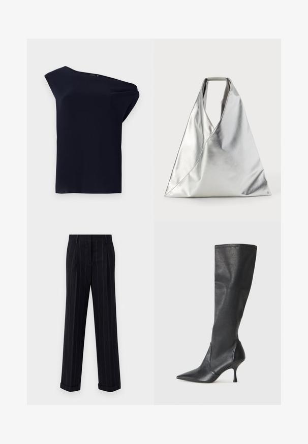 Asymetrický čierny top vyrobený z hladkej tkaniny s jemným prepadom. Má dizajn s jedným ramenom a minimálne detaily.; Čierne pruhované nohavice s prispôsobeným strihom, s manžetou na leme a prednými záhybmi. Vyrobené z hladkej tkaniny so štruktúrovaným dizajnom.; Čierne kožené čižmy do výšky kolien s špicatou špičkou a úzkym stiletto podpätkom. Hladká textúra s priliehavým dizajnom a prešitím na vrchnom okraji.; MM6 Maison Margiela CLASSIC JAPANESE HANDBAG - Kabelka - silver-coloured
