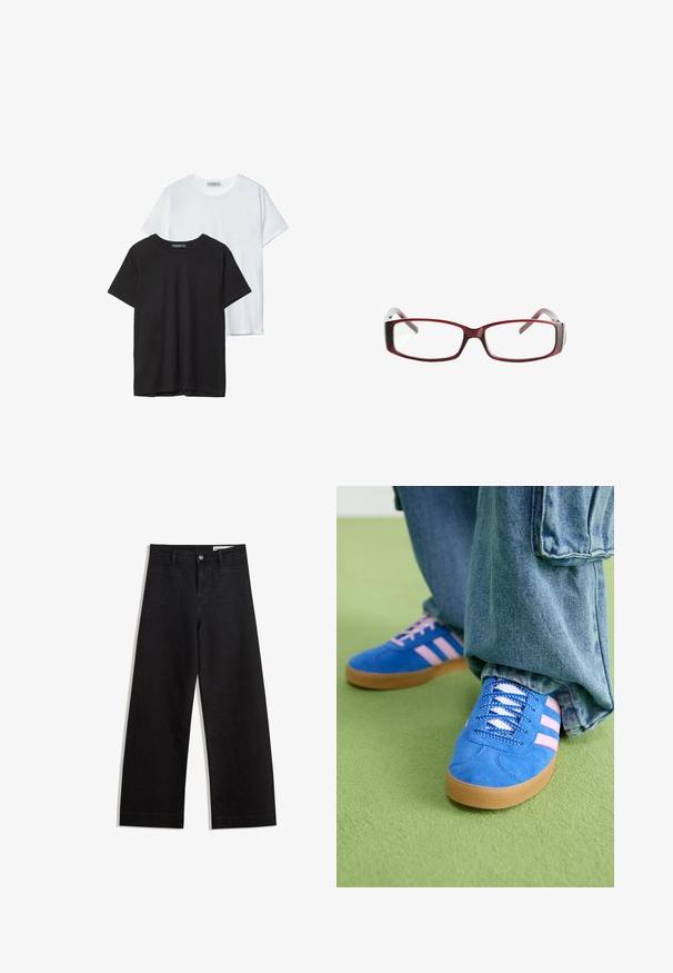 Två grundläggande t-shirts, en svart och en vit, tillverkade av mjuk bomull. Båda har korta ärmar och rund halsringning, utan synliga logotyper.; Svarta vida denimbyxor med hög midja, med fram- och bakfickor, sydda sömmar och knappstängning. Slät textur.; Blå mockaskor med rosa ränder och vita snören, med en sula av gummigummi, kombinerat med lösa denimbyxor på en grön yta.; Röda rektangulära glasögon med en elegant design. Klara linser, något genomskinliga skalmar och en gradienteffekt från röd till grå.
