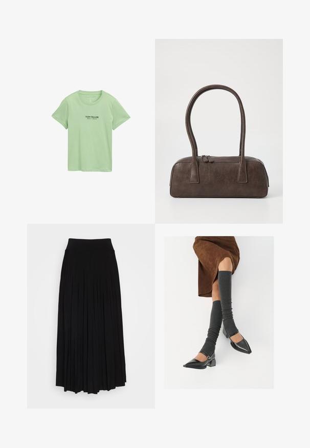 Gaiši zaļš īsās piedurknes kokvilnas T-krekls ar apaļu kaklu un melnu uzdruku "Tom Tailor EST. 1962" priekšā centrā.; Melna plisētā svārku ar augstu, izstiepjamu jostasvietu. Izgatavoti no mīksta auduma, ar vertikālām plisēm, kas rada plūstošu siluetu.; Melnas laka ādas apavi ar norādītu purngalu, blokveida papēdi un potīšu jostu, saskaņoti ar pelēkām ribotām kāju sildītājām un brūnu zamšādas svārku.; Brūna ādas rokassoma ar divām izturīgām rokturām, taisnstūra forma, gluda tekstūra un ar rāvējslēdzēju. Minimālisma dizains bez redzamām rakstzīmēm.