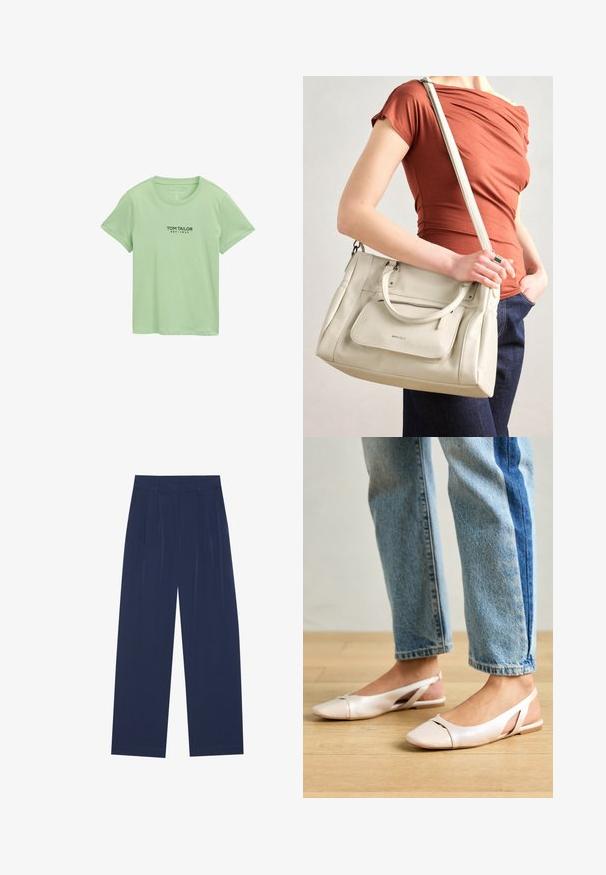 Šviesiai žalia trumpomis rankovėmis medvilninė marškinėliai su apvalia kaklo iškirpte ir juodu užrašu "Tom Tailor EST. 1962" spausdintu viduryje priekyje.; Tamsiai mėlynos plačios kelnės, pagamintos iš minkštos medžiagos, su priekiniu raukiniu, lygiu paviršiumi ir tiesiu siluetu be matomų kišenių.; Šviesiai rožiniai slingback baleto bateliai su smailiu pirštu, pagaminti iš lygios odai panašios medžiagos. Yra išpjovimų detalės šonuose ir plokščias kulnas.; Balta odinė rankinė su dviem rankenomis ir nuimama petneša, turinti priekinį užtrauktuką ir lygų paviršių. Nešama ant žmogaus rankos.