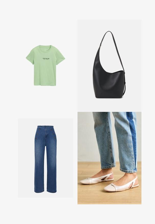 Světle zelené bavlněné tričko s krátkým rukávem a kulatým výstřihem, na přední straně uprostřed s černým potiskem "Tom Tailor EST. 1962".; Džínové kalhoty s vysokým pasem v středně modré barvě. Obsahují dekorativní přední knoflíky a široké nohavice. Materiál má hladkou texturu s mírným vyblednutím.; Světle růžové slingback baleríny s špičatou špičkou, vyrobené z hladkého koženému materiálu. Obsahují vystřihovací detaily po stranách a plochý podpatek.; Černá kožená hobo taška s hladkým povrchem, zakřiveným tvarem a jedním nastavitelným popruhem; má široké otevírání nahoře.