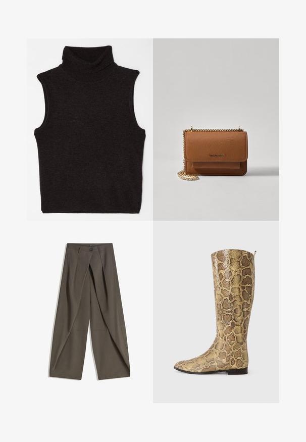 Filippa K - Top; Spodnie o szerokich nogawkach wykonane z teksturowanej, ciemnoszarej tkaniny. Posiadają fałdy z przodu, zapięcie na guzik oraz boczne kieszenie dla wygody.; Kozaki do kolan w wzór węża z teksturowanym, złotobrązowym deseniem, z płaską podeszwą i subtelnym uchwytem na górze.; Brązowa skórzana torba na ramię z teksturą, z złotym łańcuszkiem i zapięciem na klapkę. Z przodu znajduje się detal z logo oraz kieszeń pod klapką.