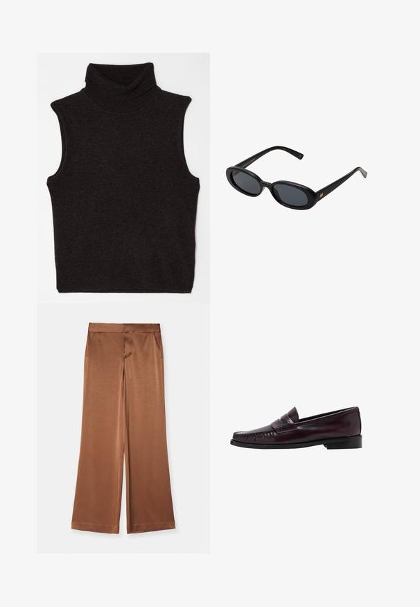 Filippa K TURTLENECK VEST - Top - mocha; Hnědé široké kalhoty vyrobené z saténu, s bočními kapsami, hladkou texturou a tvarovaným pasem pro strukturovaný střih.; Pánské tmavě hnědé kožené mokasíny s černou podrážkou a prošíváním podél špičky, zobrazené v bočním profilu.; Černé oversized sluneční brýle s oválnými čočkami, hladkým plastovým rámem a zlatými akcenty na spáncích. Tmavé čočky poskytují ochranu před sluncem.