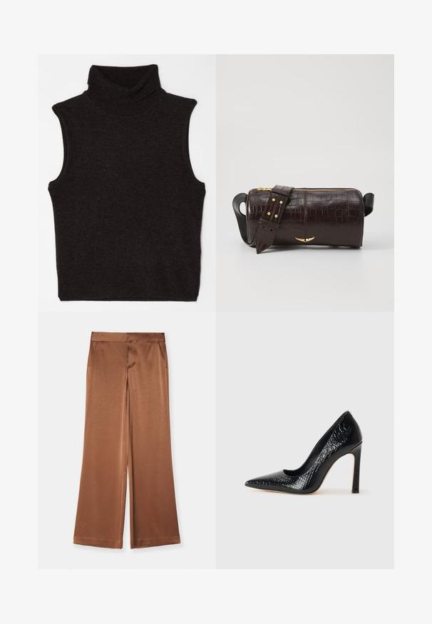 Filippa K TURTLENECK VEST - Top - mocha; Brown wide-leg trousers made of satin, featuring side pockets, a smooth texture, and a tailored waistband for a structured fit.; Black pointed-toe high heel shoe with a crocodile-skin texture, featuring a sleek design, high stiletto heel, and smooth black interior.; Brown crocodile-embossed leather bag with a cylindrical shape, gold-tone hardware, and a detachable strap featuring studs.