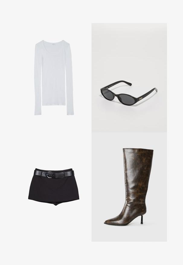 Hvid langermet skjorte med rund udskæring, lavet af blødt, glat stof. Har lange ærmer og en tætsiddende design.; Sorte shorts med en glat overflade, der har et bredt sort bælte og en sølv spænde, skåret i et tætsiddende design med en let høj talje.; Brune slidset læder knæhøj støvle med spids tå og tynd stilettohæl på en hvid baggrund.; Sorte solbriller med rundede linser, blank plastisk stel og "QUAY" logo i guld på siden. Har mørke tonede linser.; Pendantsmykke med en tekstureret, metallisk sølv firkantet vedhæng på en sort snor. Bemærkelsesværdige detaljer inkluderer indviklede mønstre og en glat overflade.