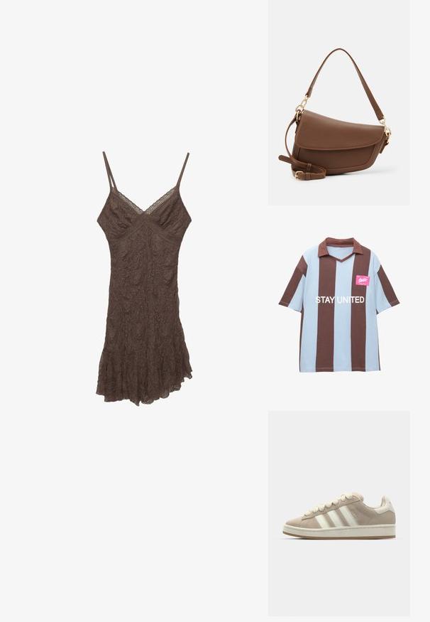 Bruine en lichtblauwe gestreepte polo met korte mouwen en een v-hals; heeft een roze label met "STAY UNITED" in het wit gedrukt.; Bruine kanten cami-jurk met dunne bandjes, V-hals, gestructureerde stof en een gerimpelde zoom. Fijne bloemenpatronen door het materiaal.; Tan suède sneaker met witte leren strepen en veters, rubberen zool, gewatteerde kraag en tekstuurdetails aan de bovenkant.; Bruine leren schoudertas met een gestructureerde afwerking, gebogen vorm, hardware in goudkleur, verstelbare schouderband en klepafsluiting.