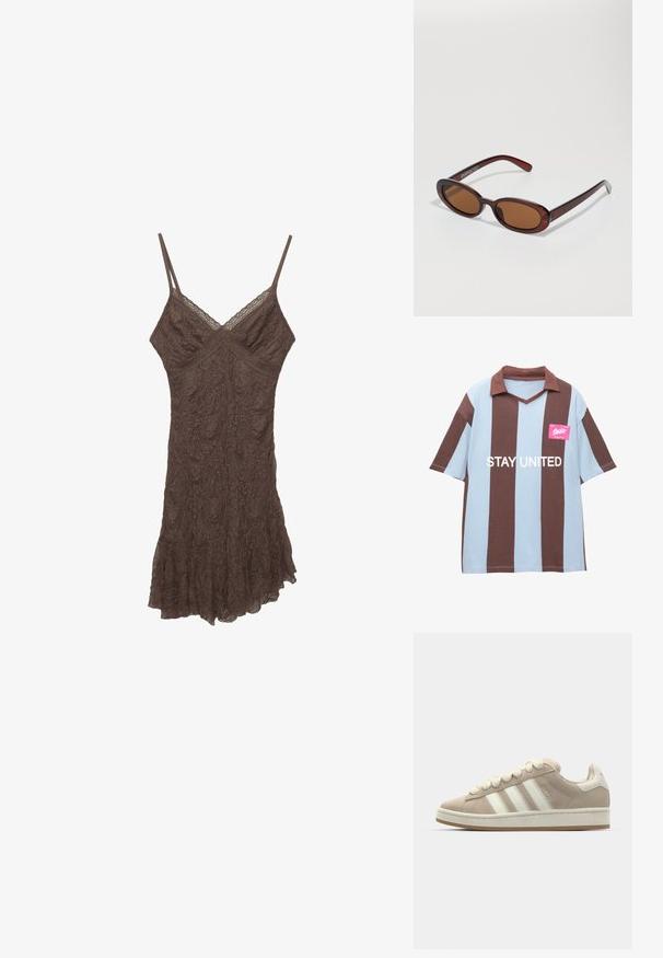 Bruine en lichtblauwe gestreepte polo met korte mouwen en een v-hals; heeft een roze label met "STAY UNITED" in het wit gedrukt.; Bruine kanten cami-jurk met dunne bandjes, V-hals, gestructureerde stof en een gerimpelde zoom. Fijne bloemenpatronen door het materiaal.; Tan suède sneaker met witte leren strepen en veters, rubberen zool, gewatteerde kraag en tekstuurdetails aan de bovenkant.; Ronde, bruin getinte zonnebril met een glanzend bordeauxrood frame. Slanke pootjes met subtiele merkdetails. Vlakke lensontwerp.; Bruine leren schoudertas met een gestructureerde afwerking, gebogen vorm, hardware in goudkleur, verstelbare schouderband en klepafsluiting.