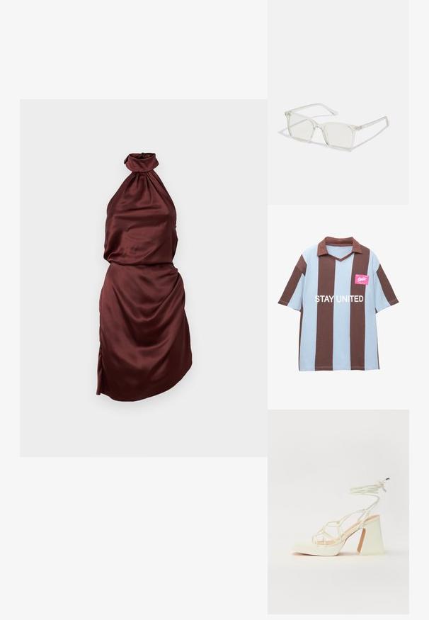 Hnedo-modro pruhované polo tričko s krátkym rukávom a výstrihom do V; obsahuje ružovú visačku s nápisom "STAY UNITED" vytlačeným bielou farbou.; Burgundská saténová šaty s halterským výstrihom, so zhrnutým výstrihom, priliehavým korzetom a splývavou sukňou s bočným rozparkom. Hladká textúra.; Biele sandále na vysokom opätku s hrubým podpätkom, s pruhovaným dizajnom a viazaním na členku. Hladký povrch s platformou vpredu pre zvýšenú výšku.; Priehľadné plastové okuliare s námestovými rámami a priehľadnými šošovkami, s kultivovanými zlatými akcentmi na spánkoch pre zvýraznenie detailov.