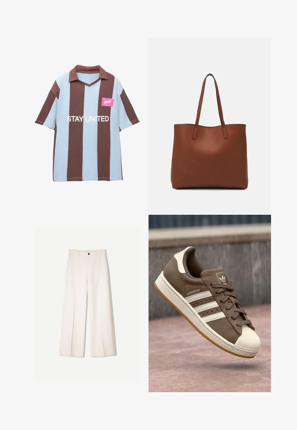 Bruine en lichtblauwe gestreepte polo met korte mouwen en een v-hals; heeft een roze label met "STAY UNITED" in het wit gedrukt.; Crème brede broek met een tailored ontwerp, voorzien van twee voorzakken en een enkele sluiting met een knop aan de voorkant, gemaakt van een gladde stof.; Bruine suède sneakers met witte strepen, crème accenten en een rubberen shellneus. Voorzien van een vetersluiting en een textuur van gumzool.; Bruine leren tote bag met een gladde textuur, een ontwerp met een open bovenkant en twee schouderbanden. Kenmerkt zich door minimale stiksels en geen zichtbare hardware.