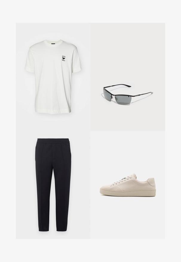 White cotton t-shirt with short sleeves and a round neck. Features a small black logo on the left chest. Smooth texture, casual fit.; Black jogger pants with an elastic waistband, tapered legs, side pockets, and a smooth fabric texture. Features stitched details along the seams.; Beige leather sneakers with a smooth finish, rounded toe, flat sole, and classic lace-up design. Subtle stitching accents and textured outsole.; Sunglasses with a sleek black metal frame, dark gray lenses, and thin arms. Features adjustable nose pads and subtle branding on the side.