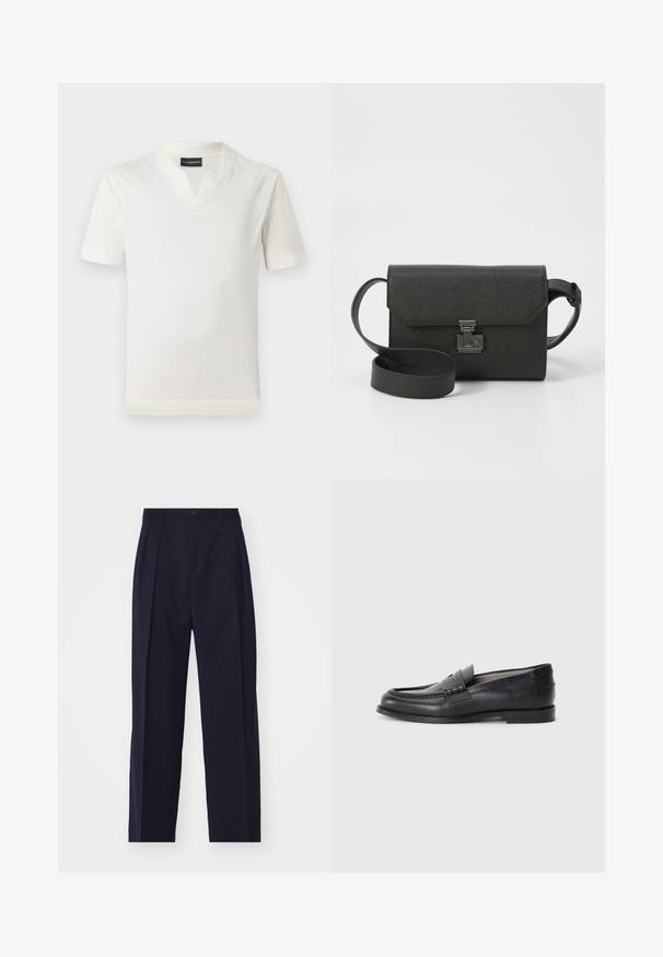 Camiseta blanca de manga corta con un diseño de escote en V y textura suave. Corte simple y recto, sin patrones ni acentos adicionales.; Pantalones azul marino, ajustados, con un diseño de pierna recta, pliegues en la parte delantera, cierre de botón y sin bolsillos visibles. Textura de tela suave.; Mocasines de cuero negro con un acabado suave, punta redonda, tira decorativa y diseño minimalista. Presentan un bajo tacón cuadrado.; Bolso bandolera de cuero negro con acabado texturizado, cierre de solapa, herrajes metálicos y correa ajustable a juego.
