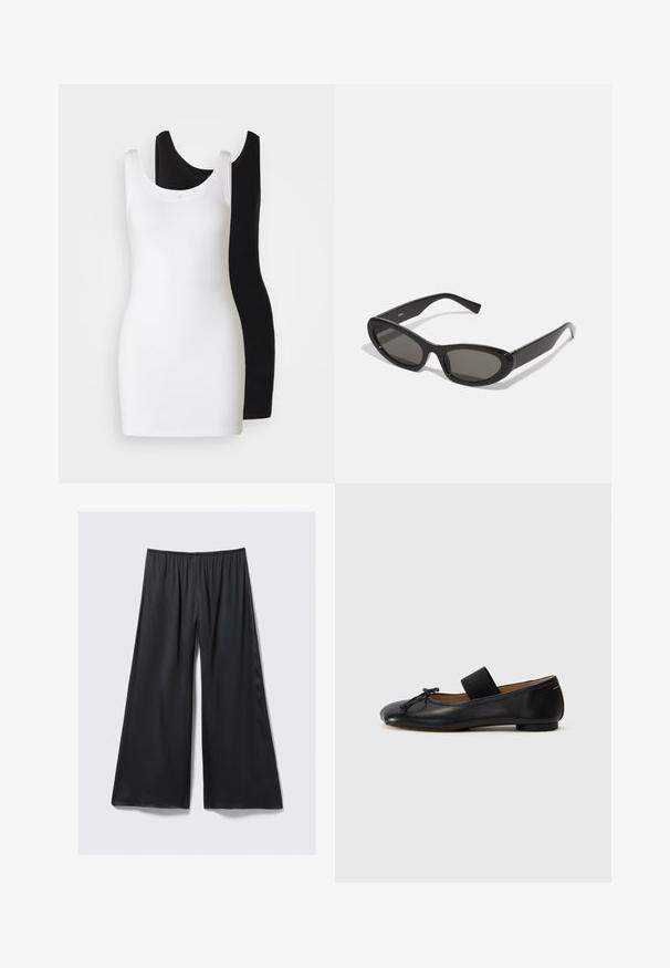 Two sleeveless tank tops: one white and one black, made from soft, stretchy fabric with a scoop neckline and fitted design.; Black wide-leg trousers made of lightweight fabric with an elastic waistband and a smooth, slightly shiny texture. Features a relaxed fit.; Black leather ballet flats with a rounded toe, a small knot detail, and an elastic strap across the instep for a secure fit. Flat sole.; Black sunglasses with oval lenses, sleek plastic frames, and curved temples. The lenses are dark gray, offering a modern geometric design.; Black leather handbag with a rounded shape, featuring two side buckles, smooth texture, and a short shoulder strap. Accents include side tassels.