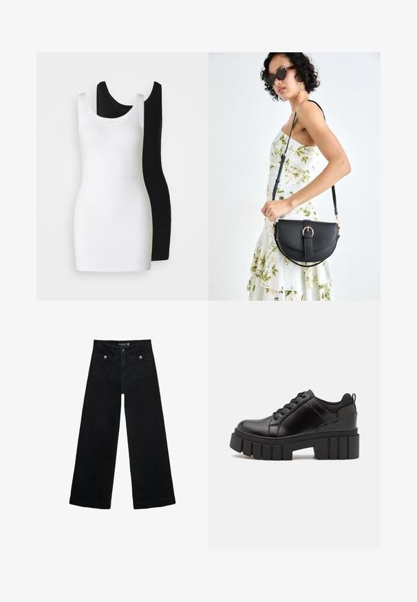 Zwei ärmellose Tanktops: eines in Weiß und eines in Schwarz, aus weichem, dehnbarem Stoff mit rundem Halsausschnitt und taillierter Passform.; Schwarze, weit geschnittene Jeans mit hoher Taille, die zwei Fronttaschen und metallene Knopfakzente aufweist. Der Stoff hat eine glatte Textur.; Schwarze Lederplateauschuhe mit klobigem Blockabsatz, runder Zehenpartie und traditionellem Schnürdesign. Verfügt über eine glatte Textur und minimale Details.; Schwarze Lederhandtasche mit geschwungener Form, abnehmbarem Tragegurt und goldenen Beschlägen. Die Tasche verfügt über einen Deckel mit einer Schnallen-Details.