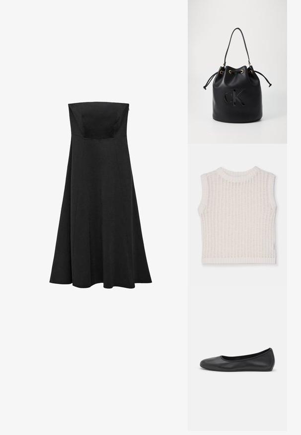 Top bianco senza maniche con texture a coste, caratterizzato da un colletto rotondo e un design a maglia aperta. Silhouette semplice e casual.; Abito nero senza spalline con un corpetto aderente e una gonna svasata lunga fino al pavimento. Realizzato in tessuto liscio senza pattern o accenti visibili.; Pantofole da balletto nere in pelle con punta arrotondata, texture liscia, dettagli di cucitura minimi e design con suola flessibile.; Borsa a secchiello in pelle nera con chiusura a cordoncino, caratterizzata da un logo "CK" lucido sulla parte anteriore e dettagli in hardware dorato.