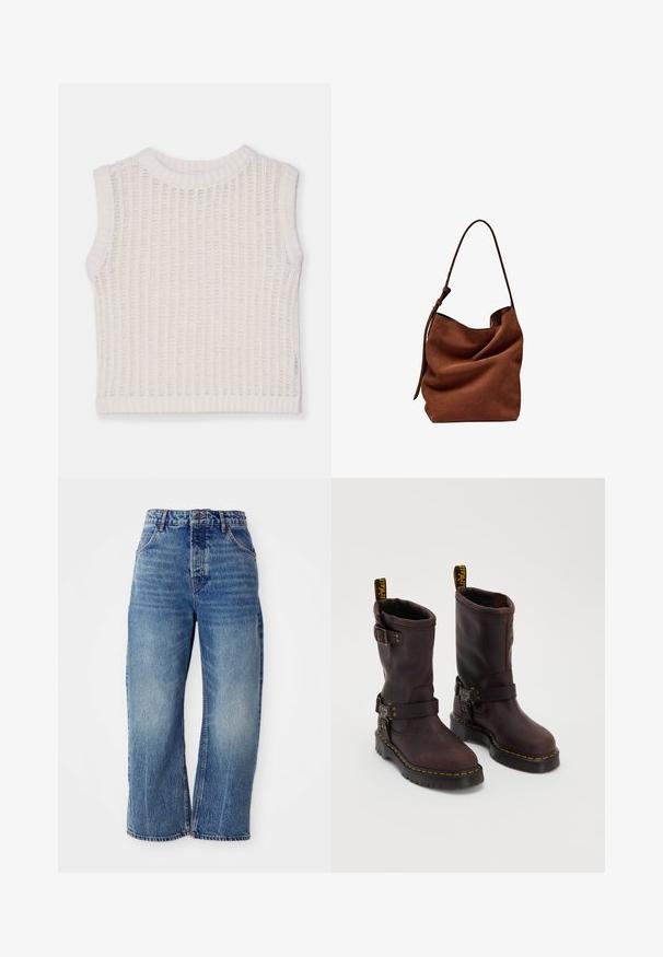 Bezrukávý bílý top s žebrovanou texturou, s kulatým výstřihem a otevřeným pletením. Jednoduchý a volný střih.; Free People DEEP TRANCE DROPPED - Džíny Relaxed Fit - blue denim; Hnědé kožené boty s designem do poloviny lýtek, se strapcem a přezkou, silnou černou podrážkou a žlutými švy.; Hnědá semišová kabelka přes rameno s měkkým, volným tvarem a jedním dlouhým popruhem, se subtílní, hladkou texturou a bez viditelného kovového kování.