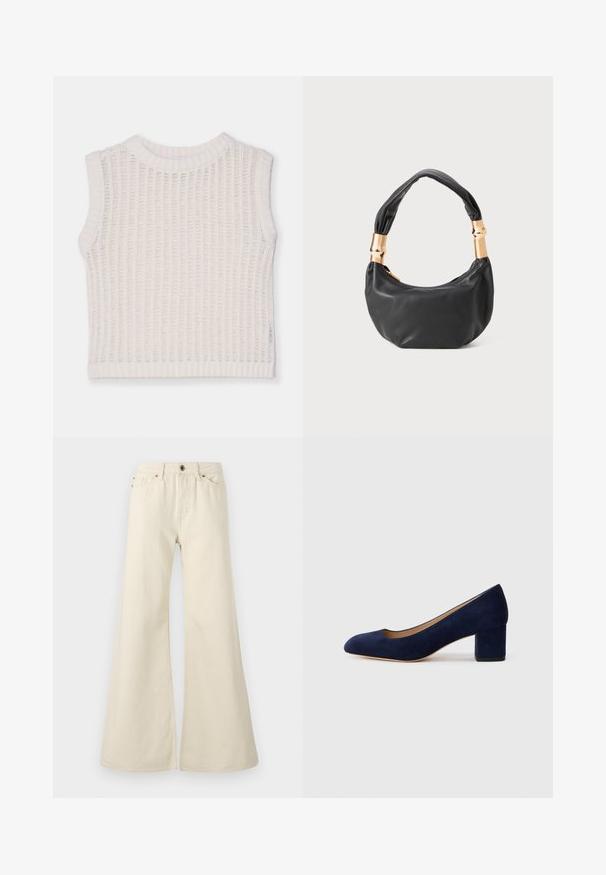 Bež rukavac bez rukava, s rebrastom teksturom, s okruglim izrezom i otvorenim pletenjem. Jednostavna i ležerna silueta.; Svijetlosmeđi traper hlače se širim nogavicama, izrađene od pamuka. Imaju visoki struk, pet džepova i kopčanje na dugme s kontrastnim detaljima šavova.; Tamno plava suede salonka s šiljastim vrhom i blok petom srednje visine. Glatka tekstura s blagim sjajem i malim izrezom sprijeda.; Crna kožna torba s okruglim oblikom, mekim teksturom i čvorastom ručkom s zlatnim metalnim detaljima. Zatvaranje na patentni zatvarač.