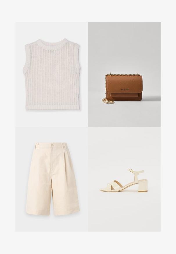Biele bezrukávové tričko s rebrovanou textúrou, zaobleným výstrihom a otvoreným pleteným dizajnom. Jednoduchý a ležérny silueta.; Béžové ľanové šortky so voľným strihom, s gombíkovým zapínaním, s plisovaným dizajnom a dĺžkou po kolená. Hladká textúra a jednoduchý štýl.; Bežové lakované sandále na podpätku s križovým popruhom, otvorenou špičkou, nastaviteľným členkovým popruhom a blokovým podpätkom. Hladká textura.; Hnedá textúrovaná kožená taška cez telo s zlatým reťazovým popruhom a preklopným uzáverom. Predná strana obsahuje detail s logom a vrecko pod preklopkou.
