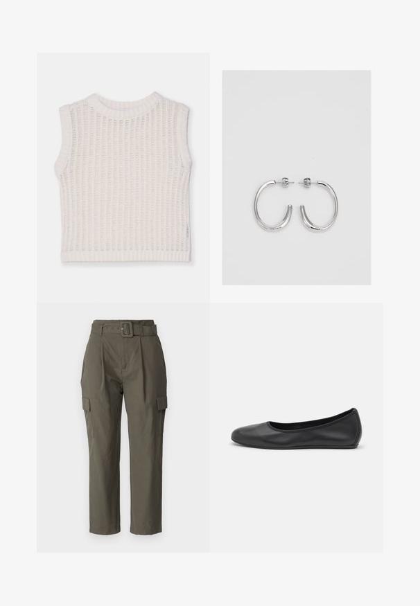 Bežė forma balta maikutė be rankovių su briaunotu paviršiumi, turinti apvalų kaklą ir atvirą mezgimą. Paprasta ir neformali siluetas.; Olivos žali cargo kelnės, pagamintos iš lengvos medžiagos. Savybės: diržo juostos, priekiniai raukšlės ir šoninės kišenės su makštimi. ; Juodai odiniai baletai su apvaliu pirštu, lygi texture, minimalus siuvimo detales ir lanksčiu padų dizainu.; Sidabrinės auskarai žiedai su lygiu, blizgiu paviršiumi. Suapvalinta forma, lengvas dizainas, su uždarymu ant smeigtuko.