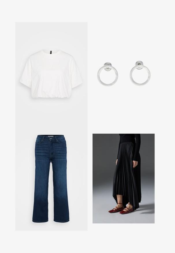 Valge katkine T-särk, mis on valmistatud pehmest puuvillast. Omab ümarat kaelust, lühikesi varrukaid ja kogutud serva, et tagada lõdvestunud istuvus.; ONLY Petite ONLMADISON BLUSH WIDE - Wide leg - dark blue denim; Mustmust seelik kõrgema ees- ja madalama taga servaga, kombineeritud läikivate punaste sussidega, millel on rihma kujundus. Kangas on sileda tekstuuriga.; Hõbedased metallist rõngastooted, millel on harjatud tekstuur, ümmargune disain ja selge tagumine post, tagamaks kindlat kandmist.