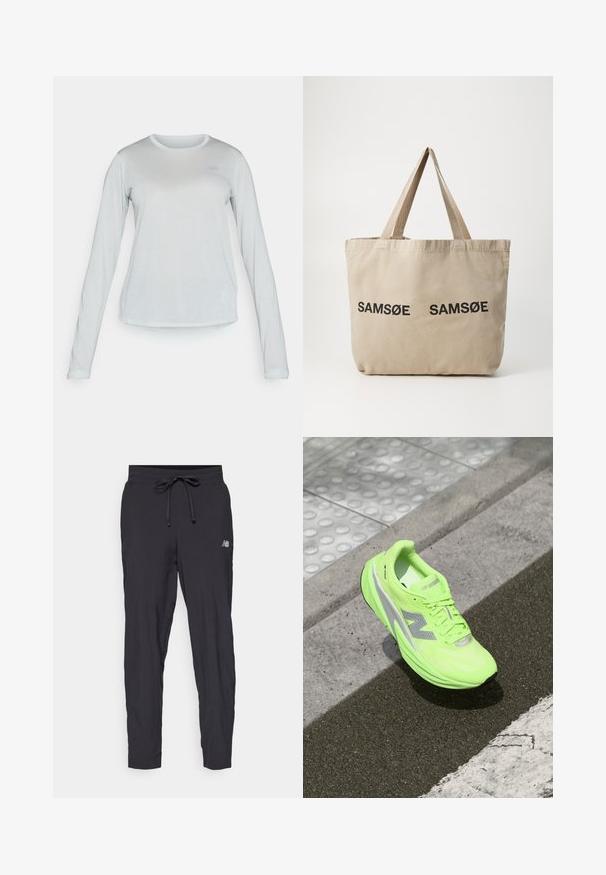 Pikad varrukad, heledast hallist vetthülgavatest materjalidest kampsun ümmarguse kaelusega, millel on peen tekstuur ja väike logo rinnal.; Kerged mustad spordipüksid, mis on valmistatud kergest materjalist, elastse vöökoha ja reguleeritava nööriga. Küljel on väike logo.; Erks rohelise neoonvärvi New Balance'i jooksujalats, mis puhkab tekstuurse asfaldipinna lähedal, mis on lähedal taktiilsetele kõnniteedele ja äärekivi servale.; Beež kangastoot mõlema külje peal kahe musta trükitud "SAMØE" logoga. Omab tugevaid beeže õlarihmasid ja lihtsat, struktureerimata disaini.