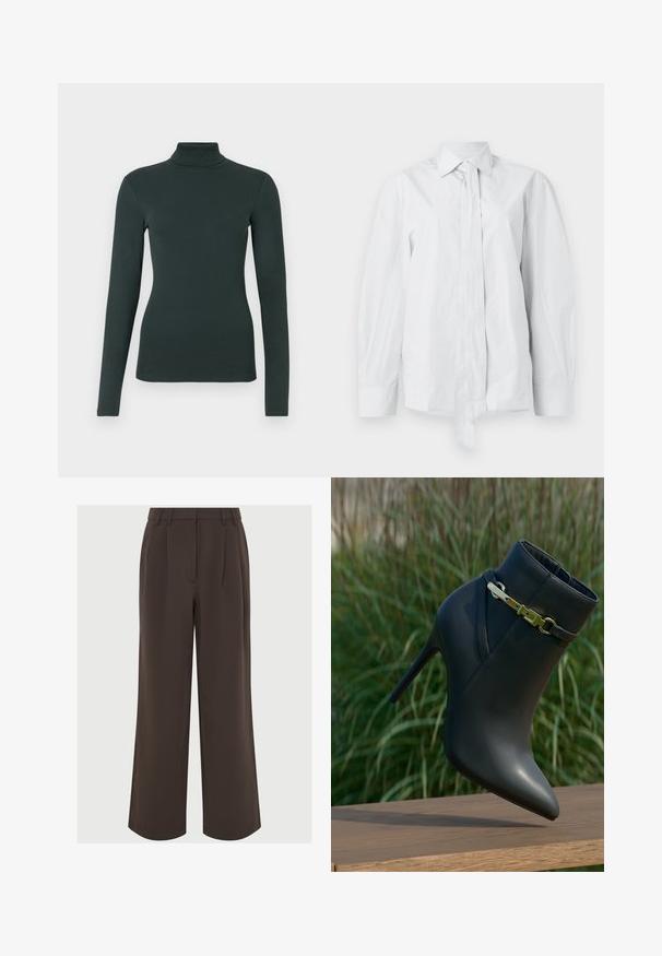 Dark green long-sleeve turtleneck top with fitted silhouette on a plain white background.; White, long-sleeve shirt with a classic collar and an elongated front tie. Made of smooth fabric, featuring a relaxed fit and no patterns.; Brown wide-leg trousers made of smooth fabric. Features pleats at the front and a tailored waistband with belt loops for adjustment.; Black high-heeled ankle boot with pointed toe and gold buckle detail, displayed on a wooden surface with green foliage background.