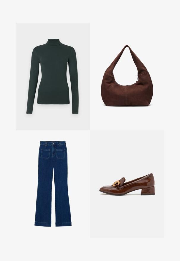 Ciemnozielony sweter z długim rękawem i golfem, dopasowany w sylwetce, na jednolitym białym tle.; Jeans dżinsowe z rozszerzanymi nogawkami w ciemnoniebieskim kolorze, o gładkiej fakturze, z pięcioma kieszeniami oraz zapięciem na guzik w talii.; Brązowe skórzane loafersy o błyszczącym wykończeniu, z dekoracyjnym złotym zapięciem z przodu i niskim obcasem. Klasyczny design.; Brązowa zamszowa torba hobo z krzywym, szerokim uchwytem i dużym otworem. Miękka tekstura z widocznym szyciem wzdłuż krawędzi.