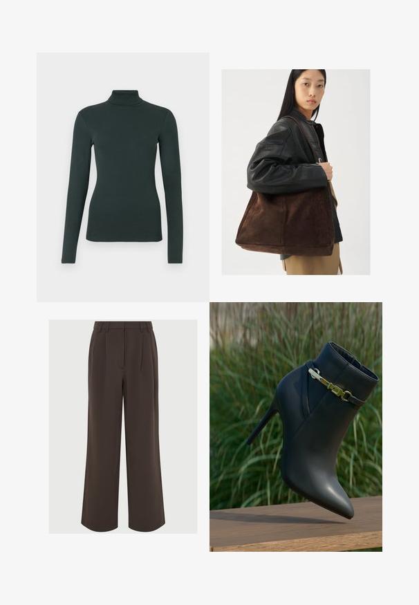 Dark green long-sleeve turtleneck top with fitted silhouette on a plain white background.; Brown wide-leg trousers made of smooth fabric. Features pleats at the front and a tailored waistband with belt loops for adjustment.; Black high-heeled ankle boot with pointed toe and gold buckle detail, displayed on a wooden surface with green foliage background.; Brown suede tote bag with a wide shape and soft texture, featuring a single strap and minimal hardware against a neutral backdrop.