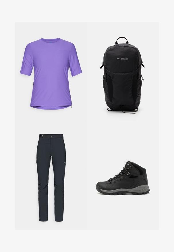 Lilla kortermet treningsskjorte med rund hals, med en jevn tekstur og sidelukkinger for ventilasjon.; Herre utendørsbukser, mørkegrå, laget av fleksibelt materiale, med belte, glidelåslommer og forsterkede sømmer.; Sorte turstøvler med mid-topp design, som har en teksturert overdel, grå detaljer og slitesterk gummisåle med godt grep.; Svart Columbia Titanium ryggsekk med en glatt stoffoverflate, sidelommer, topphåndtak og justerbare stropper. Minimalistisk design med subtil merkevare.