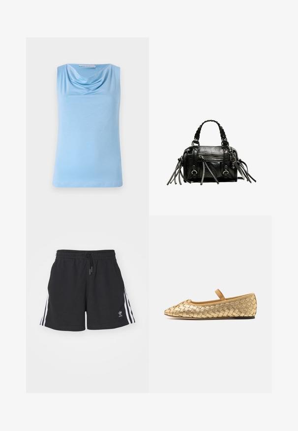 Vaaleansininen hihaton yläosa sileästä kankaasta, jossa on laskostettu kaula-aukko. Yksinkertainen, suora leikkaus ilman lisäkoristeluja.; Mustat urheilushortsit, jotka on valmistettu puuvillasekoitteesta. Shortsien sivuilla on valkoiset raidat, vyötäröllä on joustava vyötärönauha ja kiristysnauha, ja helman kohdalla on pieni logo.; Loeffler Randall LEONIE SOFT BALLET FLAT - Ballerinat nilkkaremmillä - gold; Musta nahkalaukku, jossa on punotut kahvat, teksturoitu pinta, vetoketjullinen etutasku ja koristeelliset fringes-akoristeet. Kompakti ja jämäkkä muoto.