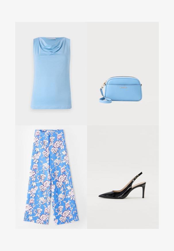 Gaiši zils bez piedurknēm tops gludā audumā ar plūstošu dekoltē. Vienkāršs, taisns griezums bez papildu rotājumiem.; Zilie ziedu bikses ar pasteļrožu rakstu. Audums ir gluds, ar brīvu piegriezumu, plats kājas un elastīgu jostu.; Melnas lakotās ādas slingback kurpes ar izteiktu degunu, šauru papēdi un smalku izgriezumu dizainu. Siksniņai ir zelta sprādze.; Gaiši zila ādas plecu soma ar zeltītām detaļām, ar rāvējslēdzēju un priekšējo kabatu. Iespējams regulēt siksnu, lai nodrošinātu ērtību.