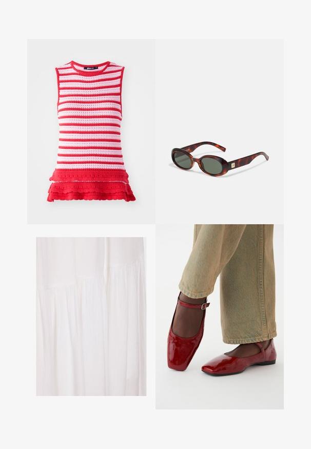 Punainen ja vaaleanpunainen raidallinen ilman hihoja oleva toppi, jossa on teksturoitu neulekuvio ja röyhelöhelma. Topissa on pyöreä kaula-aukko ja tiukka siluetti.; Valkoinen kangasmekko, jossa on teksturoitu pinta, pehmeät poimut ja epäsäännölliset muotoiluelementit, luoden virtaavan siluetin.; Punaiset lakatut nahkakengät, joissa on neliömäinen kärki, matala korko ja nilkkahihna, yhdistettynä vaaleanvihreisiin leveisiin farkkuihin. Sujuva rakenne, heijastava pinta.; Kilpikonnakuoriset aurinkolasit, joissa on tummat linssit, soikea muoto ja leveät sankat. Sivussa on pieni kultainen yksityiskohta. Sujuva muovimateriaali.