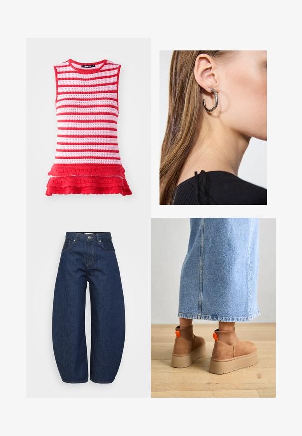 Rood en roze gestreepte mouwloze top met een gebreide textuur en een gerimpelde zoom, voorzien van een ronde halslijn en een getailleerde pasvorm.; Donkerblauwe spijkerbroek met een brede, ontspannen pasvorm. Voorzien van een ritssluiting, vier zakken en contrasterende stiksels langs de naden.; Bruine suède platformlaarzen met elastische zijkanten en oranje trekbandjes, gecombineerd met een lichtdenim rok tot de knie op een houten vloer.; Zilveren oorbel met een gepolijste afwerking, met kleine gouden accentdetails en een ronde vorm, gedragen op de oorlel.